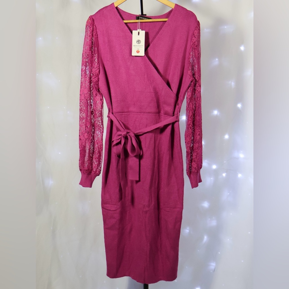 Elegant Pink Lace Sleeve Wrap Dress